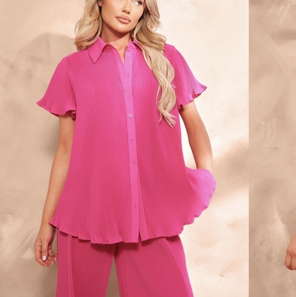 PrettyLittleThing Hot Pink Plisse Button Front Oversized Shirt NWT